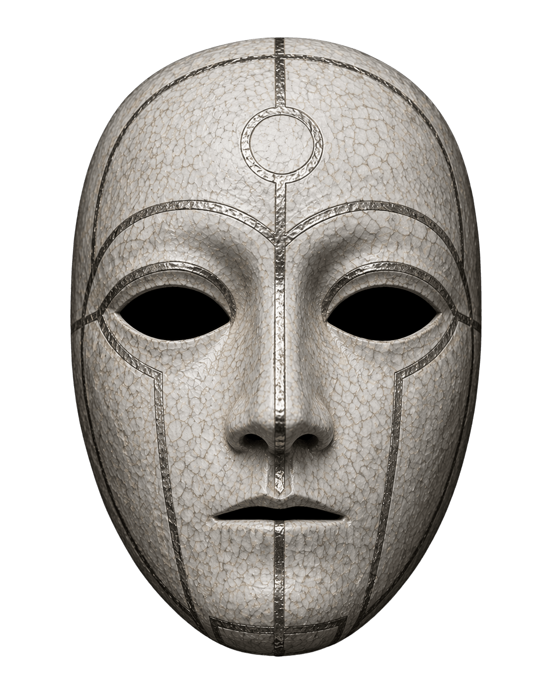 Ornate alabaster mask with cracked texture and silver inlay lines on a black background